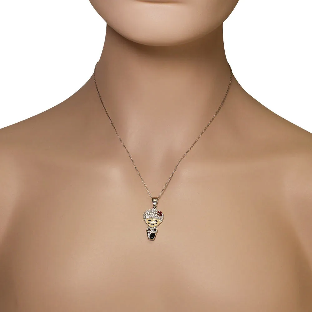 925 Sterling Silver Red Black Enamel White Clear CZ Kimono Geisha Pendant Necklace