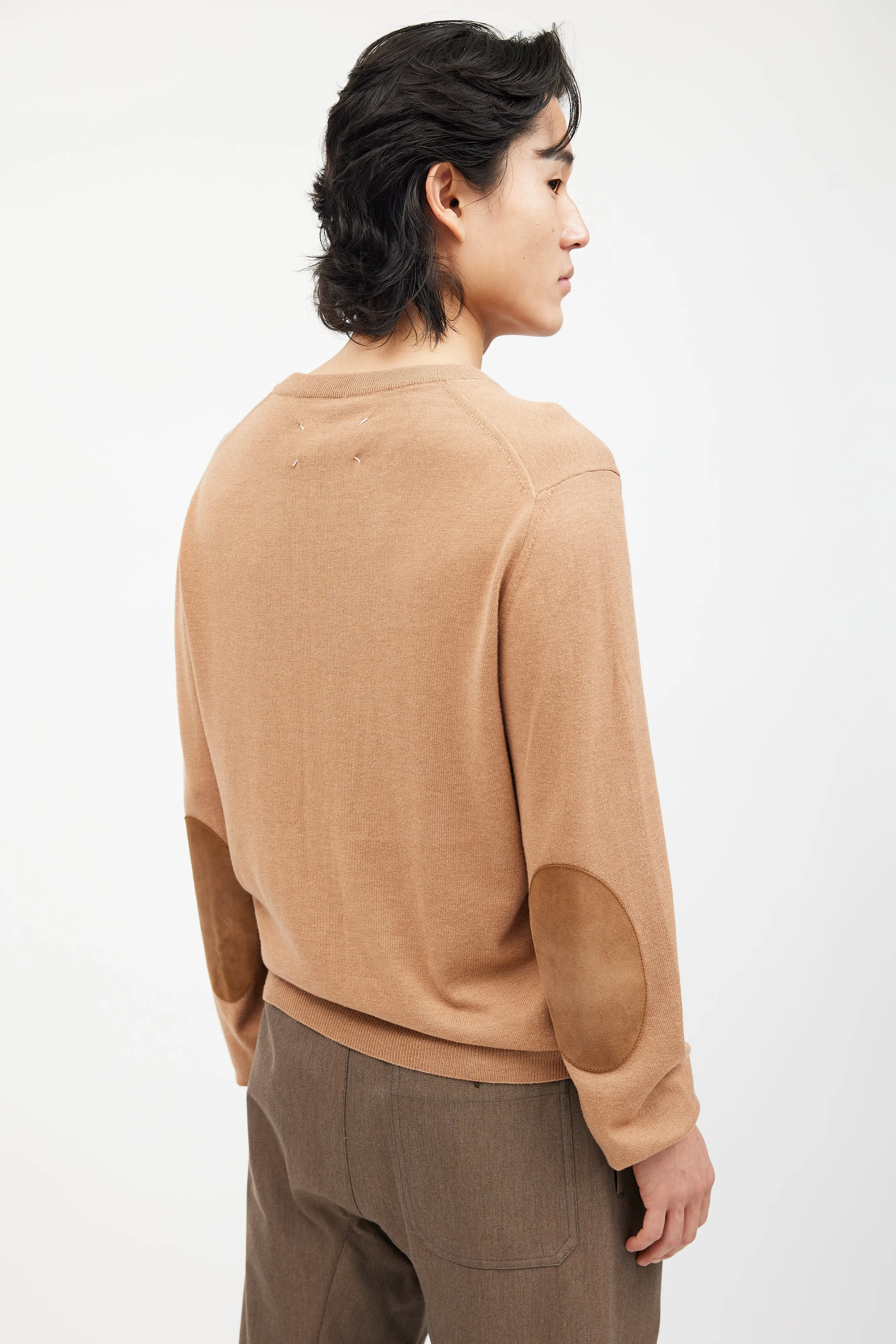 Beige Wool Elbow Patch Knit Sweater