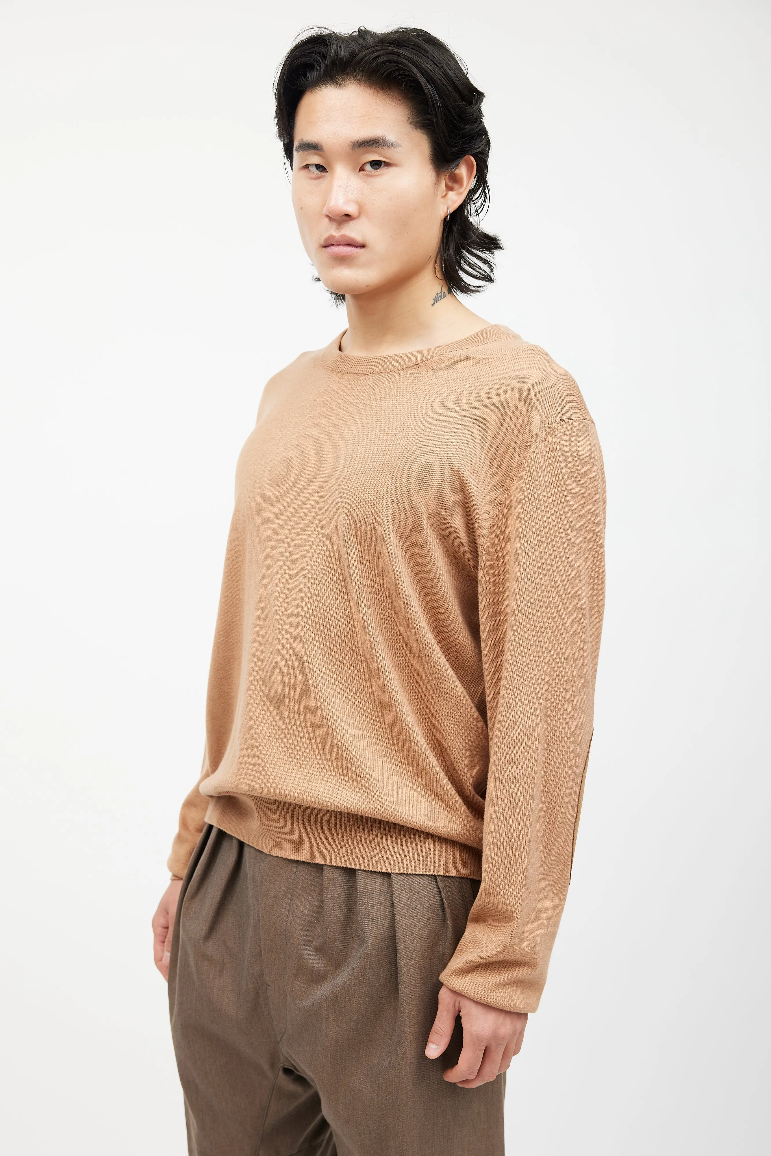 Beige Wool Elbow Patch Knit Sweater