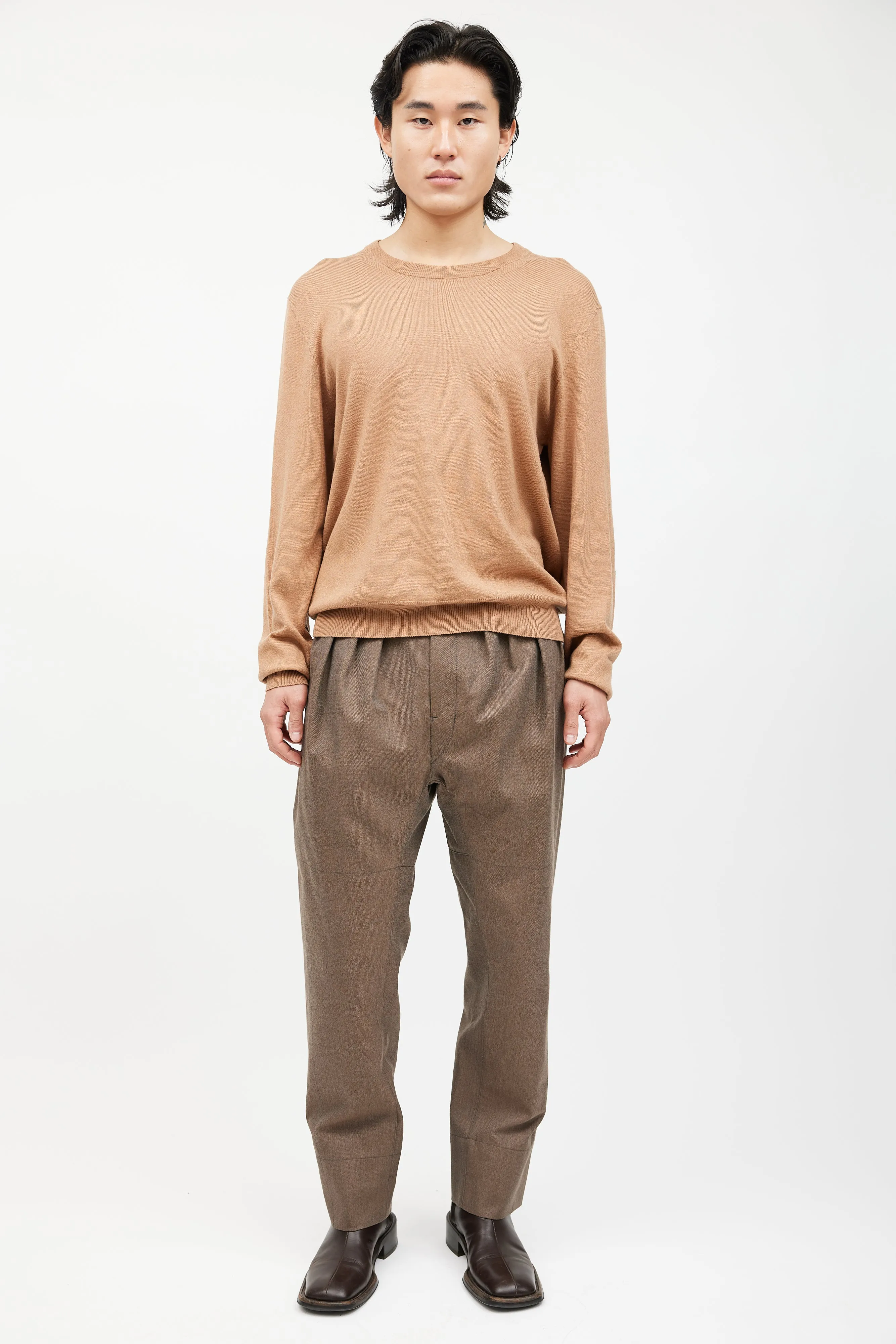 Beige Wool Elbow Patch Knit Sweater