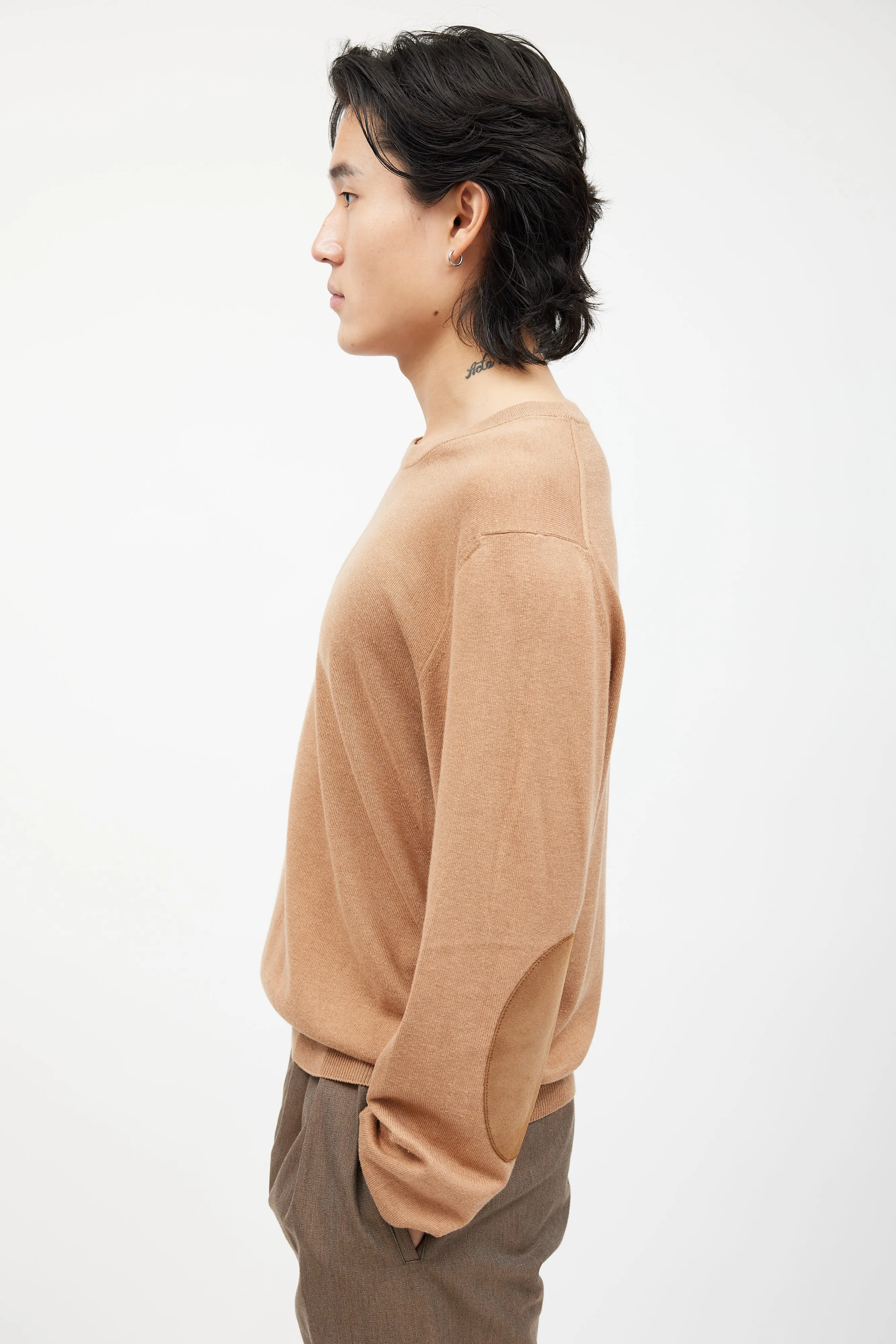 Beige Wool Elbow Patch Knit Sweater