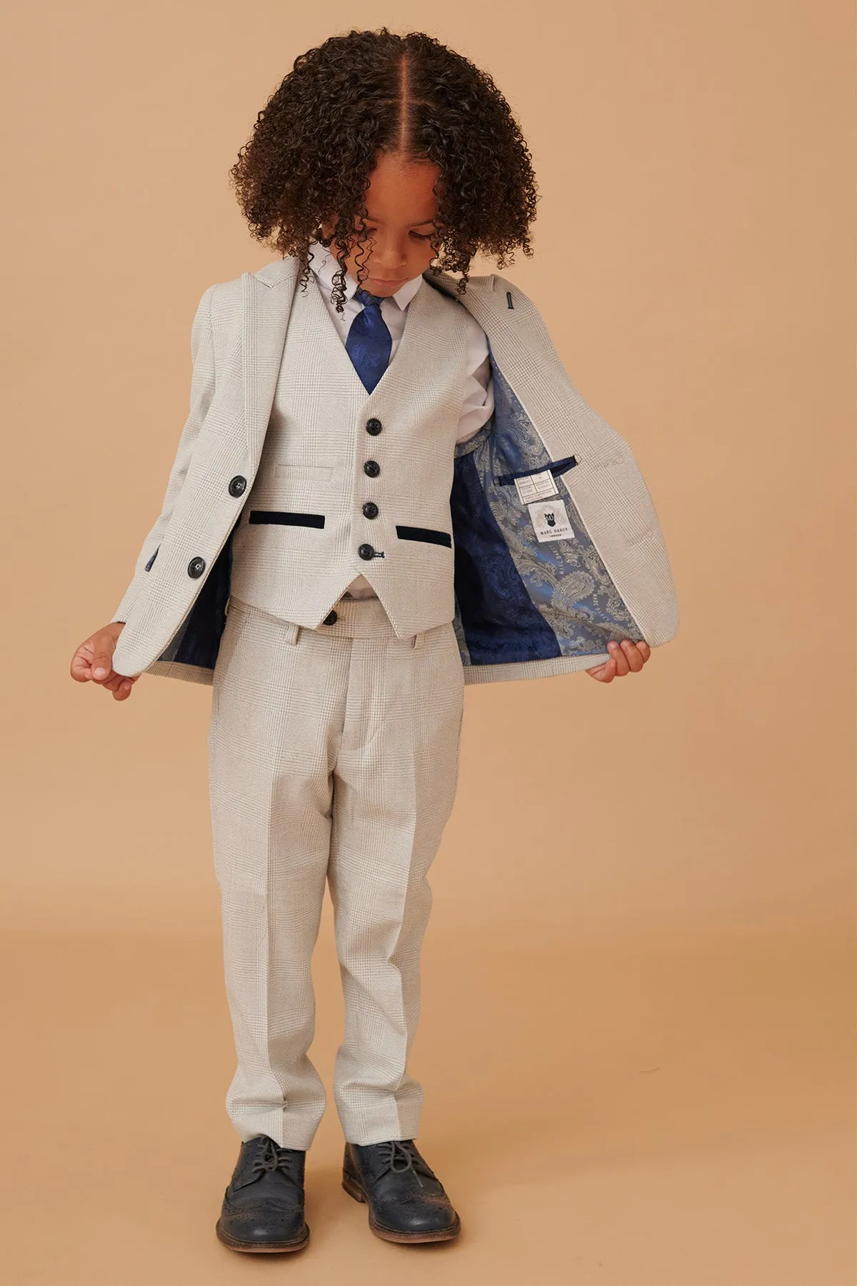 BROMLEY - Children's Stone Check Print Three Piece Suit
