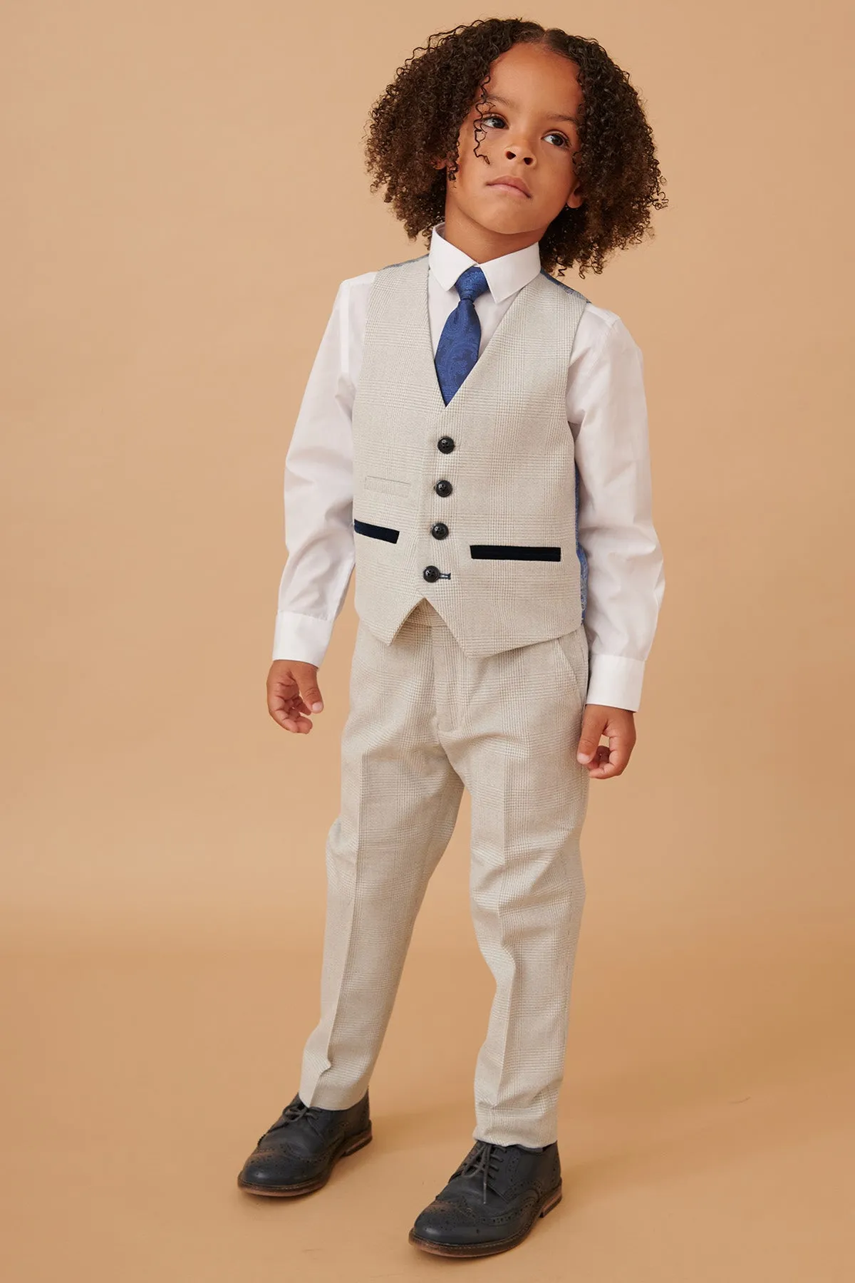 BROMLEY - Children's Stone Check Print Three Piece Suit