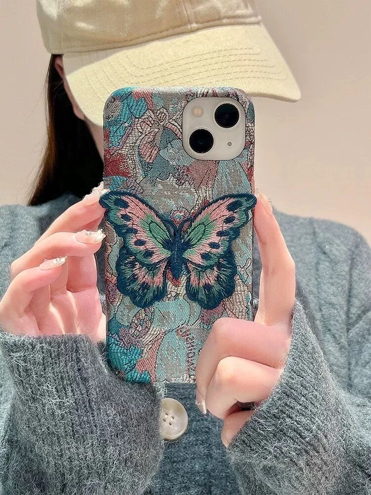 Cute Blue Jacquard Embroidery Design Protective Shockproof Phone Case with a Blue Butterly Cloth Patch for iPhone 11 12 13 14 15 Pro Max