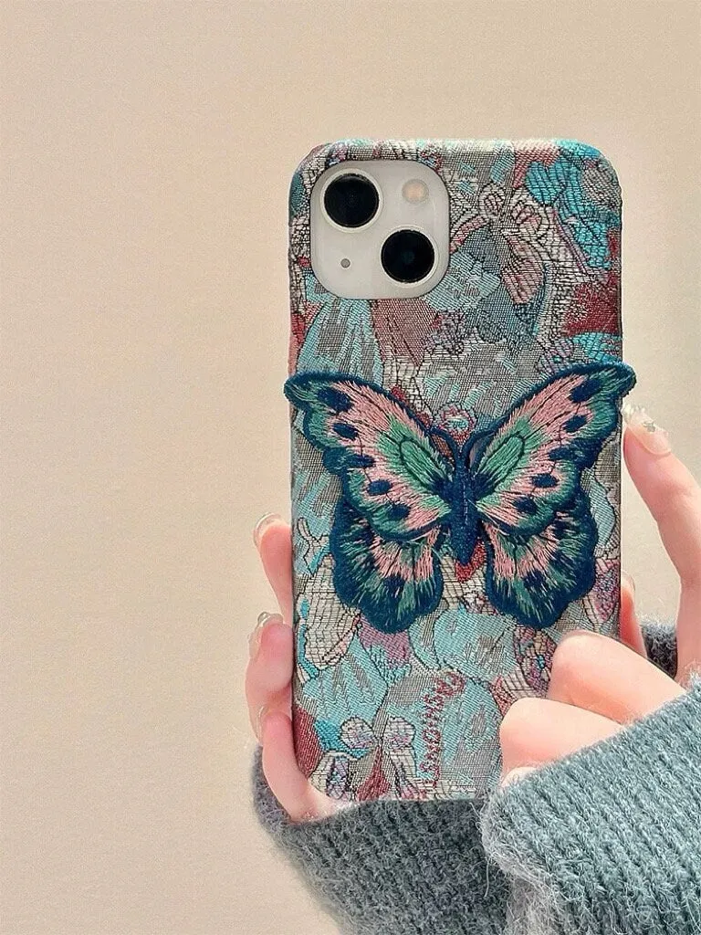 Cute Blue Jacquard Embroidery Design Protective Shockproof Phone Case with a Blue Butterly Cloth Patch for iPhone 11 12 13 14 15 Pro Max