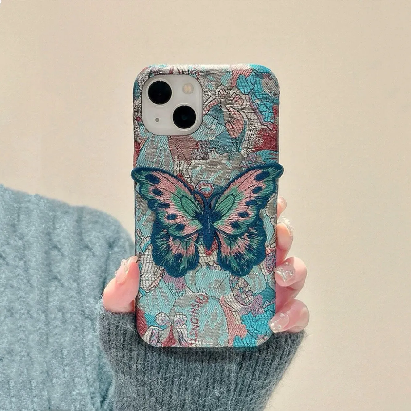 Cute Blue Jacquard Embroidery Design Protective Shockproof Phone Case with a Blue Butterly Cloth Patch for iPhone 11 12 13 14 15 Pro Max