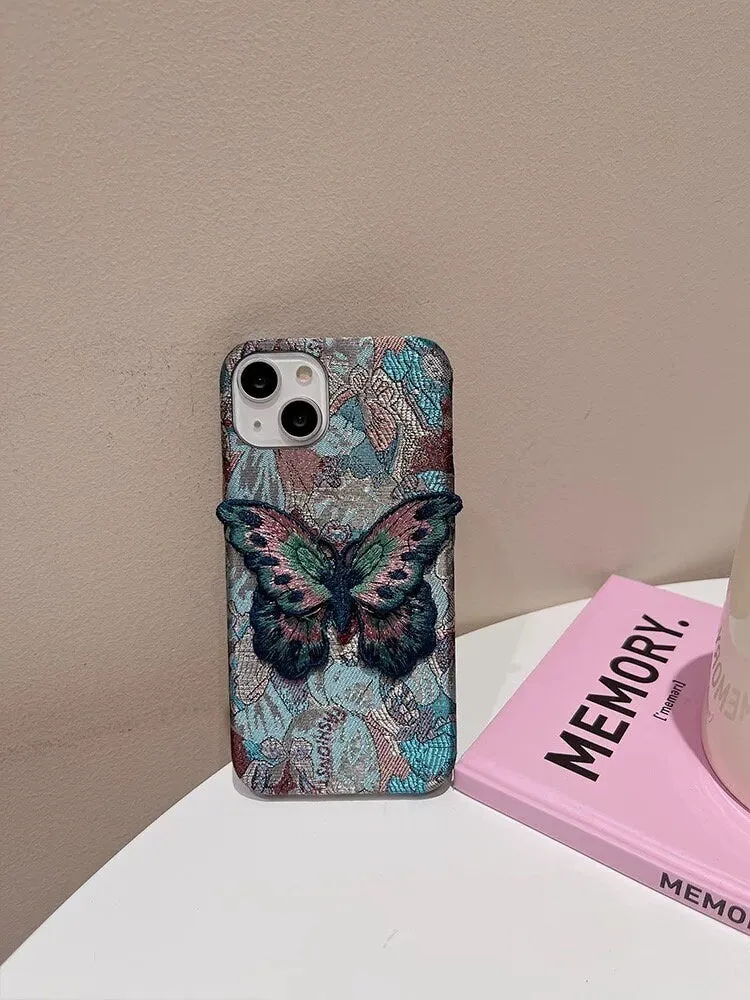 Cute Blue Jacquard Embroidery Design Protective Shockproof Phone Case with a Blue Butterly Cloth Patch for iPhone 11 12 13 14 15 Pro Max