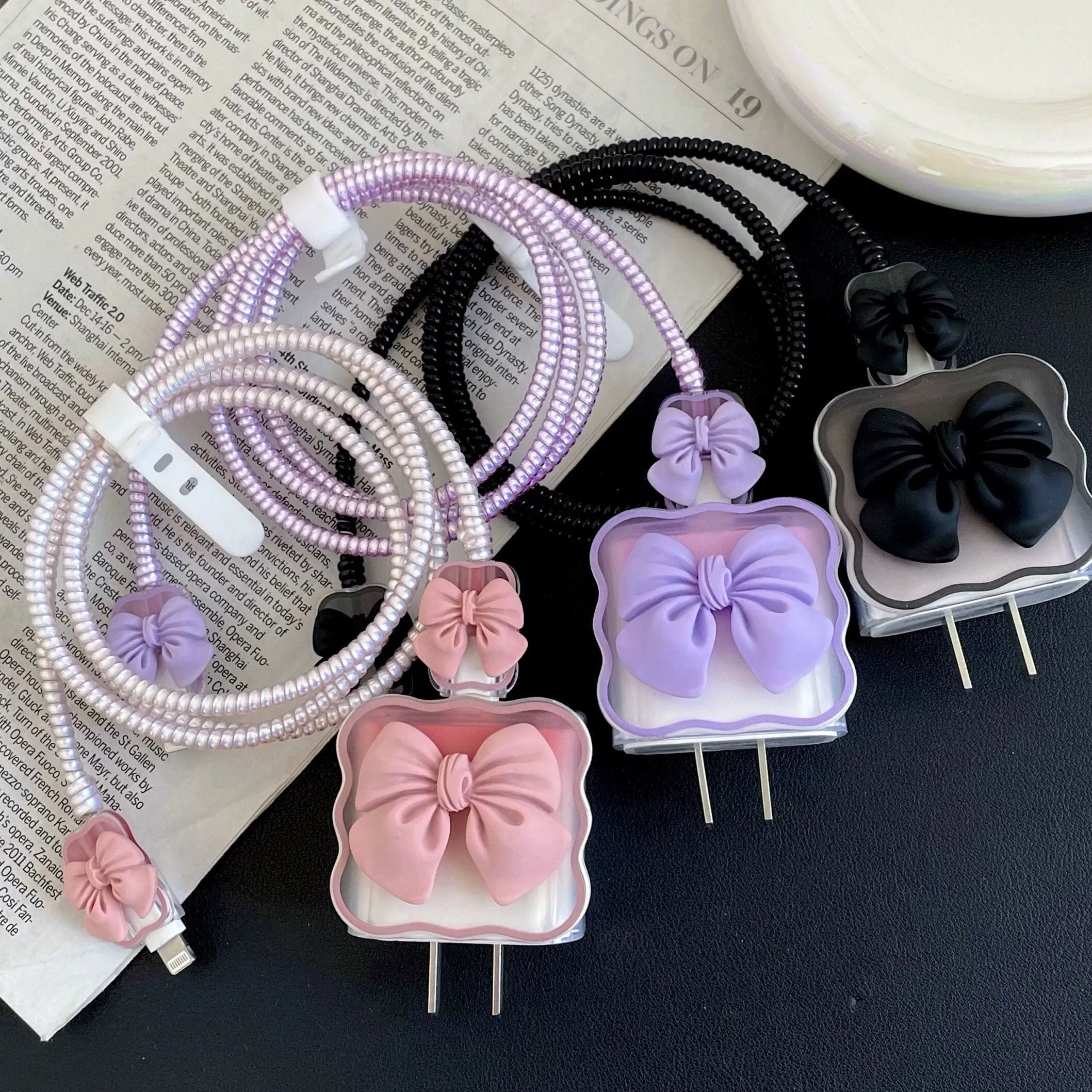 Cute Clear Solid Ribbon Shaped Decor Design Protective Shockproof iPhone Charger Case   Holographic Cable Wire Cover for Charger Longevity