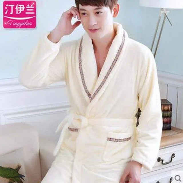 Flannel Hooded Bathrobe Men Kimono Hombre Solid Bath Robes Male Nightgown Long Sleeve Sleepwear Pajamas Lounge Homewear Men