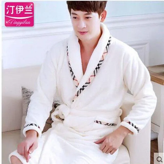 Flannel Hooded Bathrobe Men Kimono Hombre Solid Bath Robes Male Nightgown Long Sleeve Sleepwear Pajamas Lounge Homewear Men