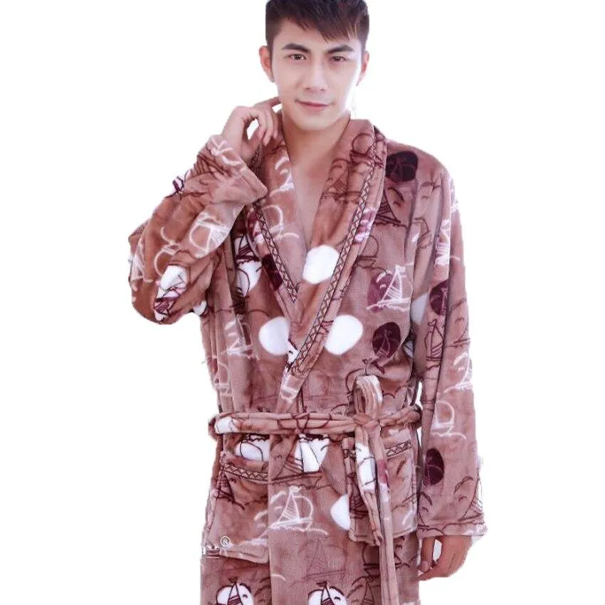 Flannel Hooded Bathrobe Men Kimono Hombre Solid Bath Robes Male Nightgown Long Sleeve Sleepwear Pajamas Lounge Homewear Men