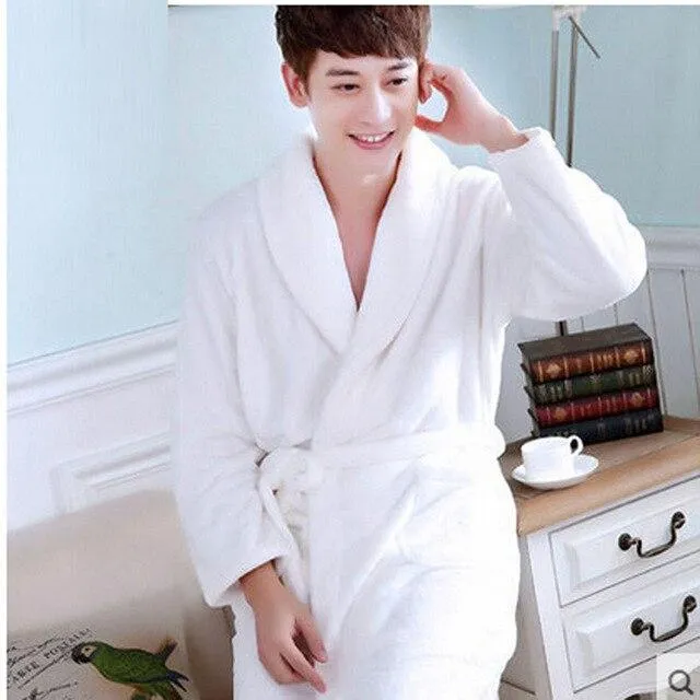 Flannel Hooded Bathrobe Men Kimono Hombre Solid Bath Robes Male Nightgown Long Sleeve Sleepwear Pajamas Lounge Homewear Men