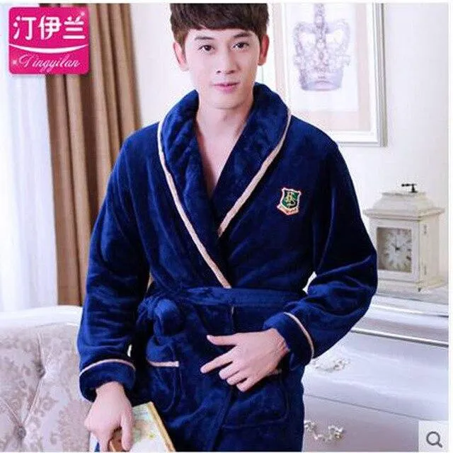 Flannel Hooded Bathrobe Men Kimono Hombre Solid Bath Robes Male Nightgown Long Sleeve Sleepwear Pajamas Lounge Homewear Men
