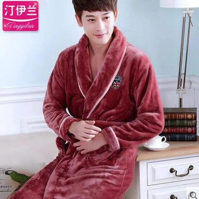 Flannel Hooded Bathrobe Men Kimono Hombre Solid Bath Robes Male Nightgown Long Sleeve Sleepwear Pajamas Lounge Homewear Men