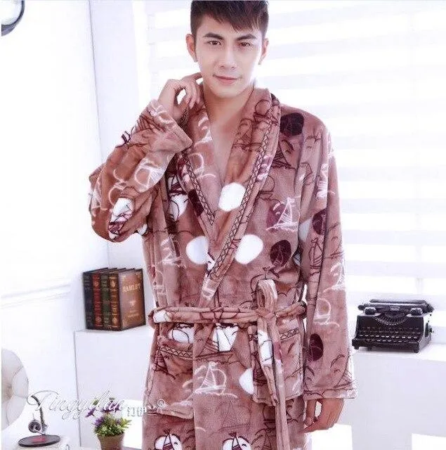 Flannel Hooded Bathrobe Men Kimono Hombre Solid Bath Robes Male Nightgown Long Sleeve Sleepwear Pajamas Lounge Homewear Men