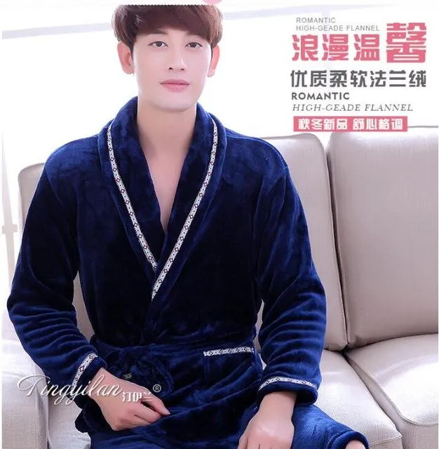 Flannel Hooded Bathrobe Men Kimono Hombre Solid Bath Robes Male Nightgown Long Sleeve Sleepwear Pajamas Lounge Homewear Men