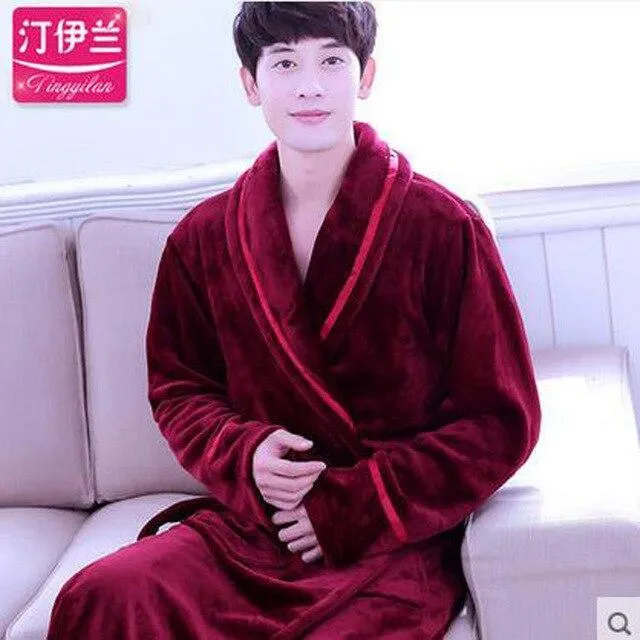 Flannel Hooded Bathrobe Men Kimono Hombre Solid Bath Robes Male Nightgown Long Sleeve Sleepwear Pajamas Lounge Homewear Men