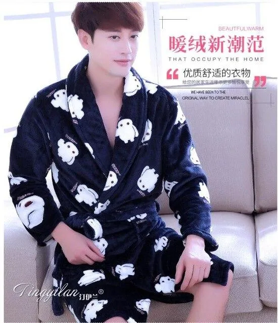 Flannel Hooded Bathrobe Men Kimono Hombre Solid Bath Robes Male Nightgown Long Sleeve Sleepwear Pajamas Lounge Homewear Men