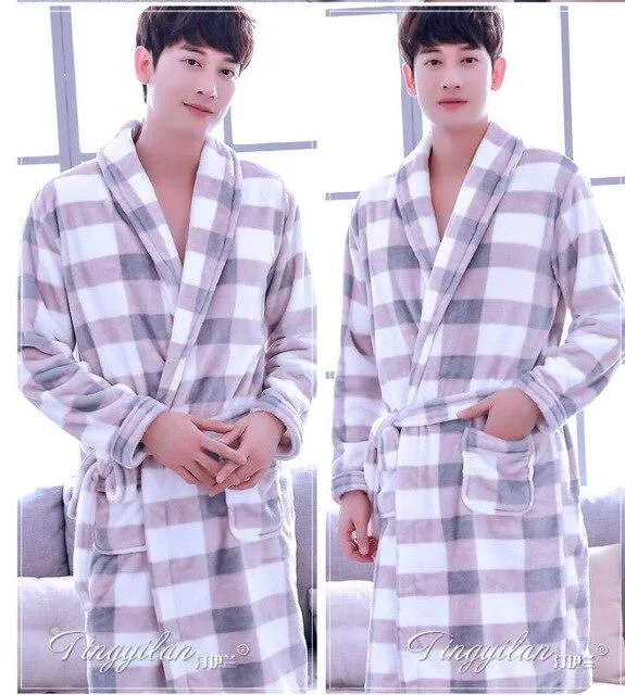 Flannel Hooded Bathrobe Men Kimono Hombre Solid Bath Robes Male Nightgown Long Sleeve Sleepwear Pajamas Lounge Homewear Men
