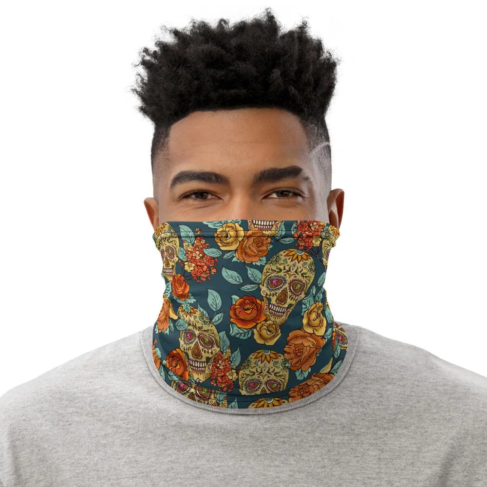Flower Sugar vintage rose blue skull pattern Face cover, Neck Gaiter mask tube scarf, Bandana Balaclava Wristband, Head wrap Shield covering