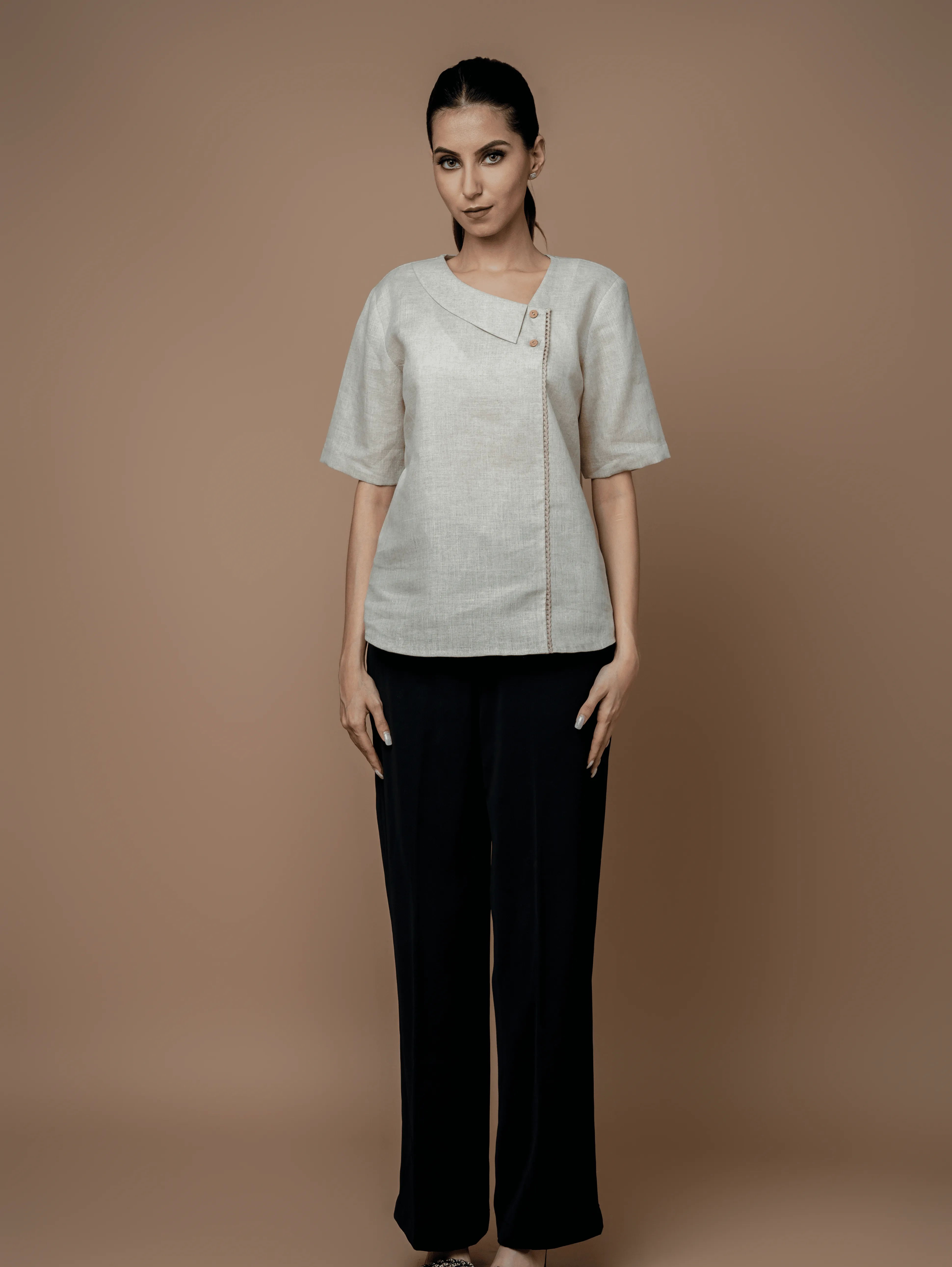 Formal Half Sleeves Top with Asymmetrical Collar