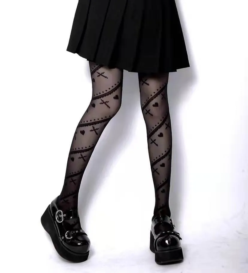Gothic Hearts Cross Pantyhose