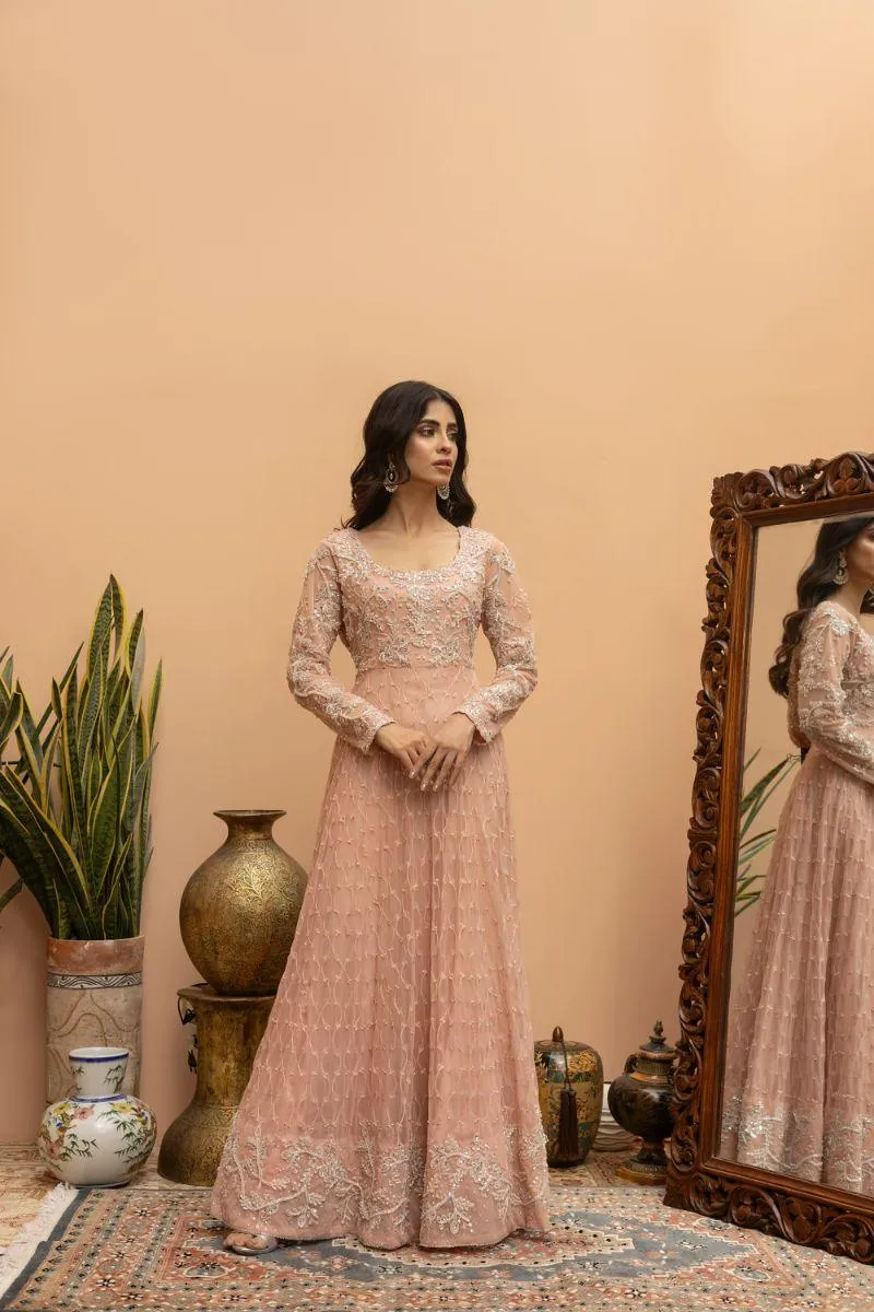 Khayal by Shaista Hasan - Blush Pishwas - French Net - 3 Piece