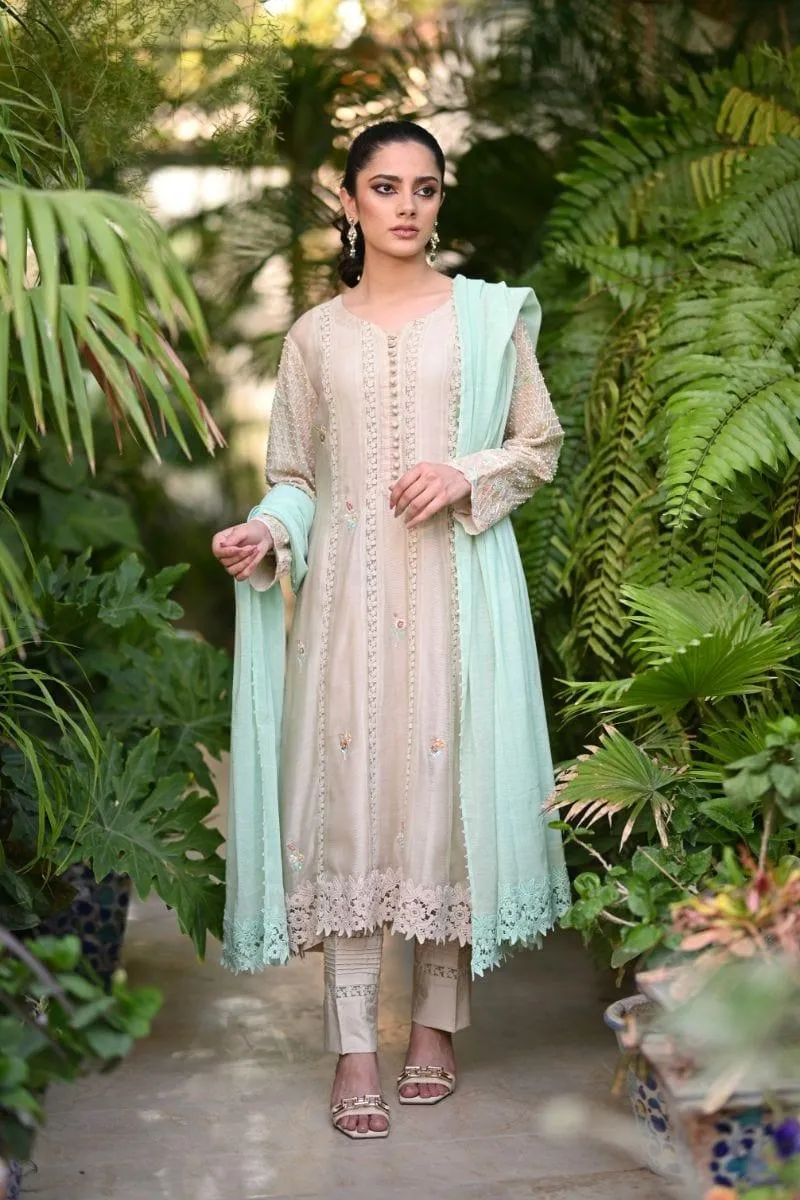 Khayal BY SHAISTA HASSAN - Beige and mint - Silk net - 3 Piece