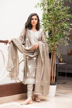 Kuli Jume - Pastel Khamak - Grey & Cream - Silk - 3 Piece