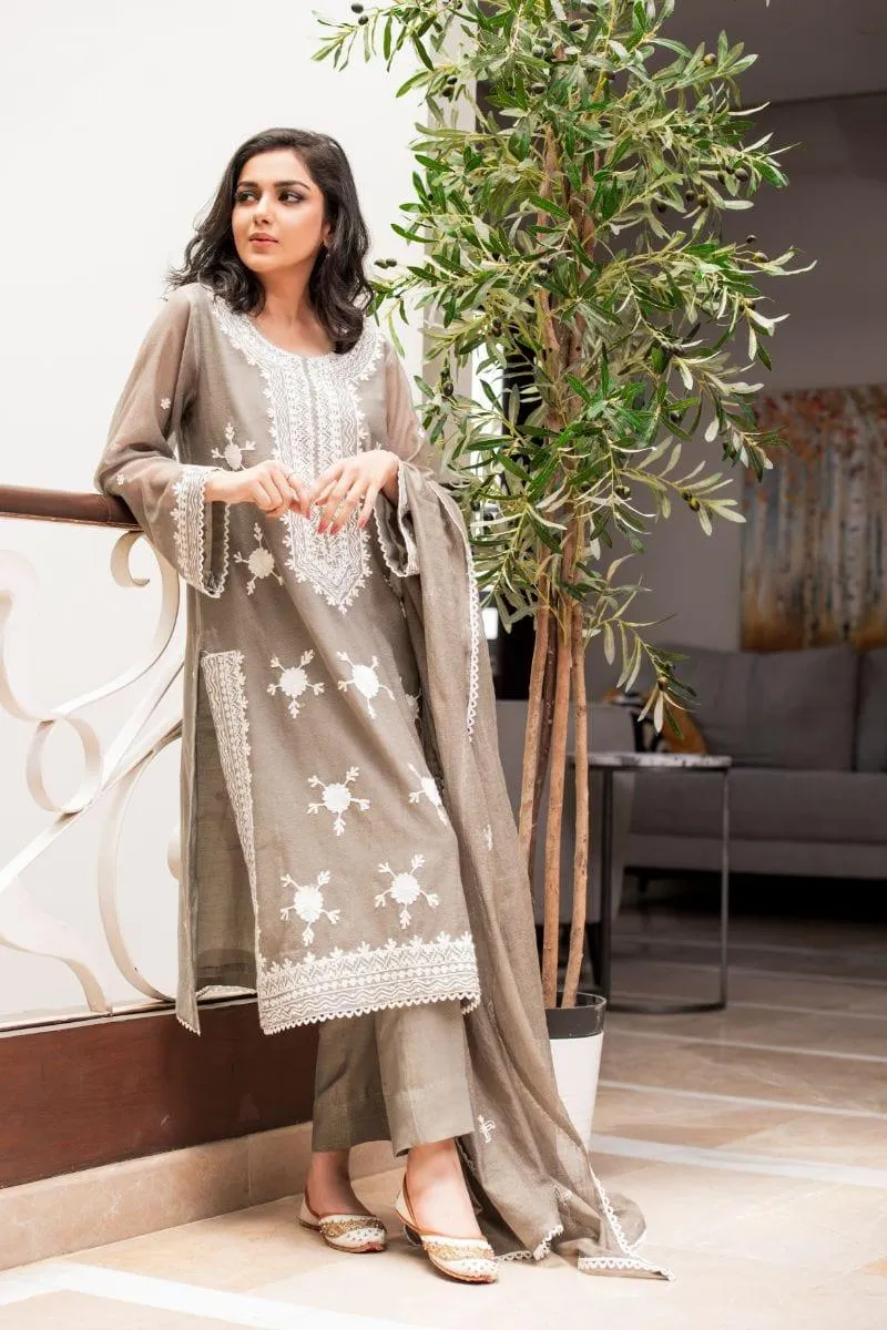 Kuli Jume - Pastel Khamak - Grey & Cream - Silk - 3 Piece