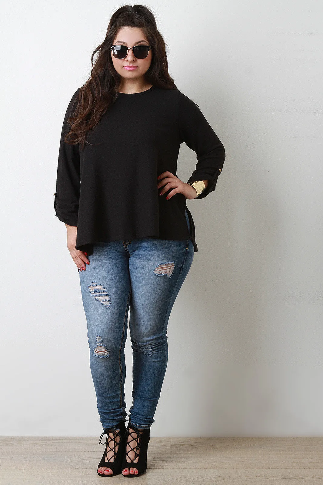 Loose Side Slit Elbow Patch Sweater