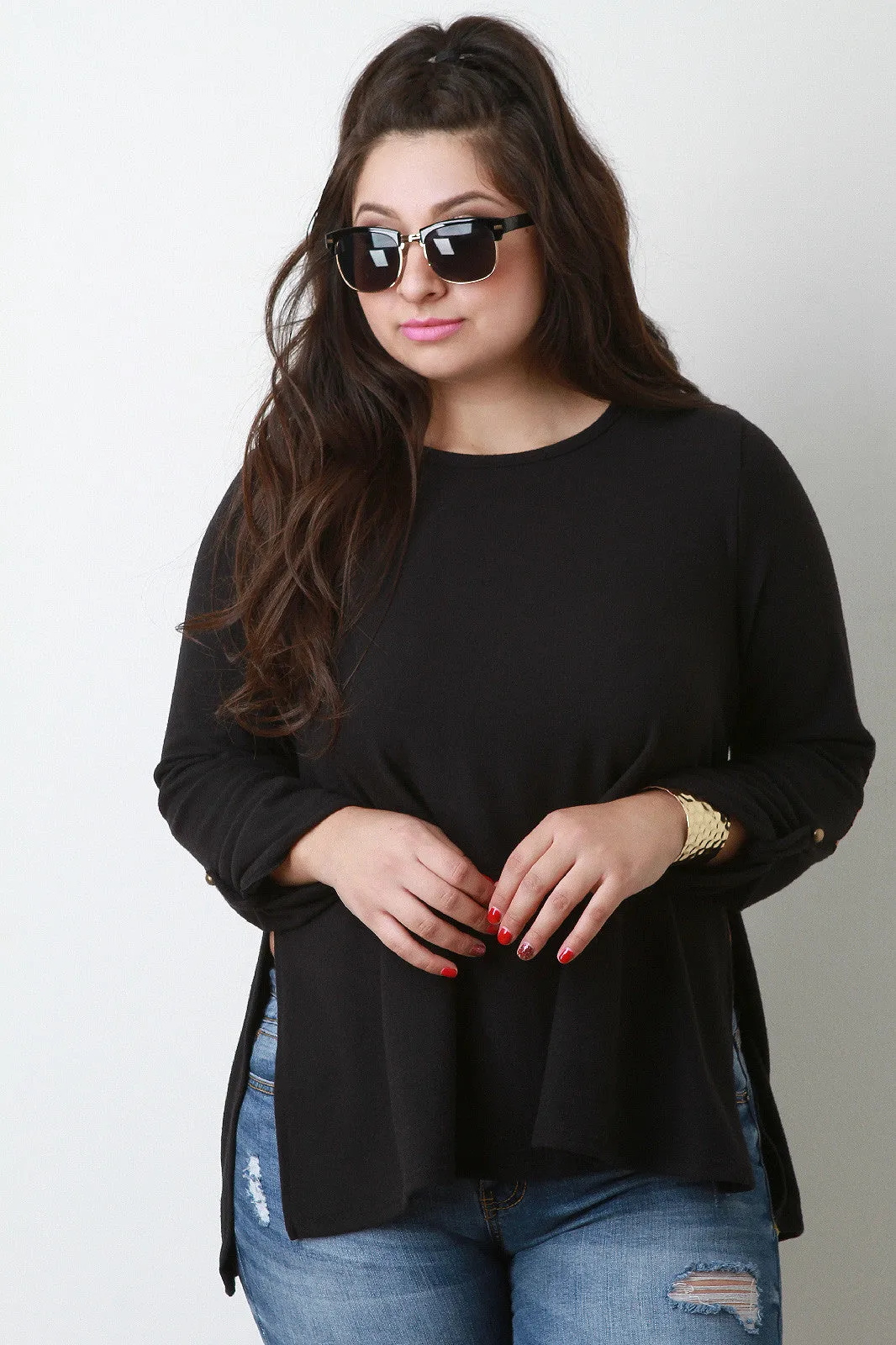 Loose Side Slit Elbow Patch Sweater