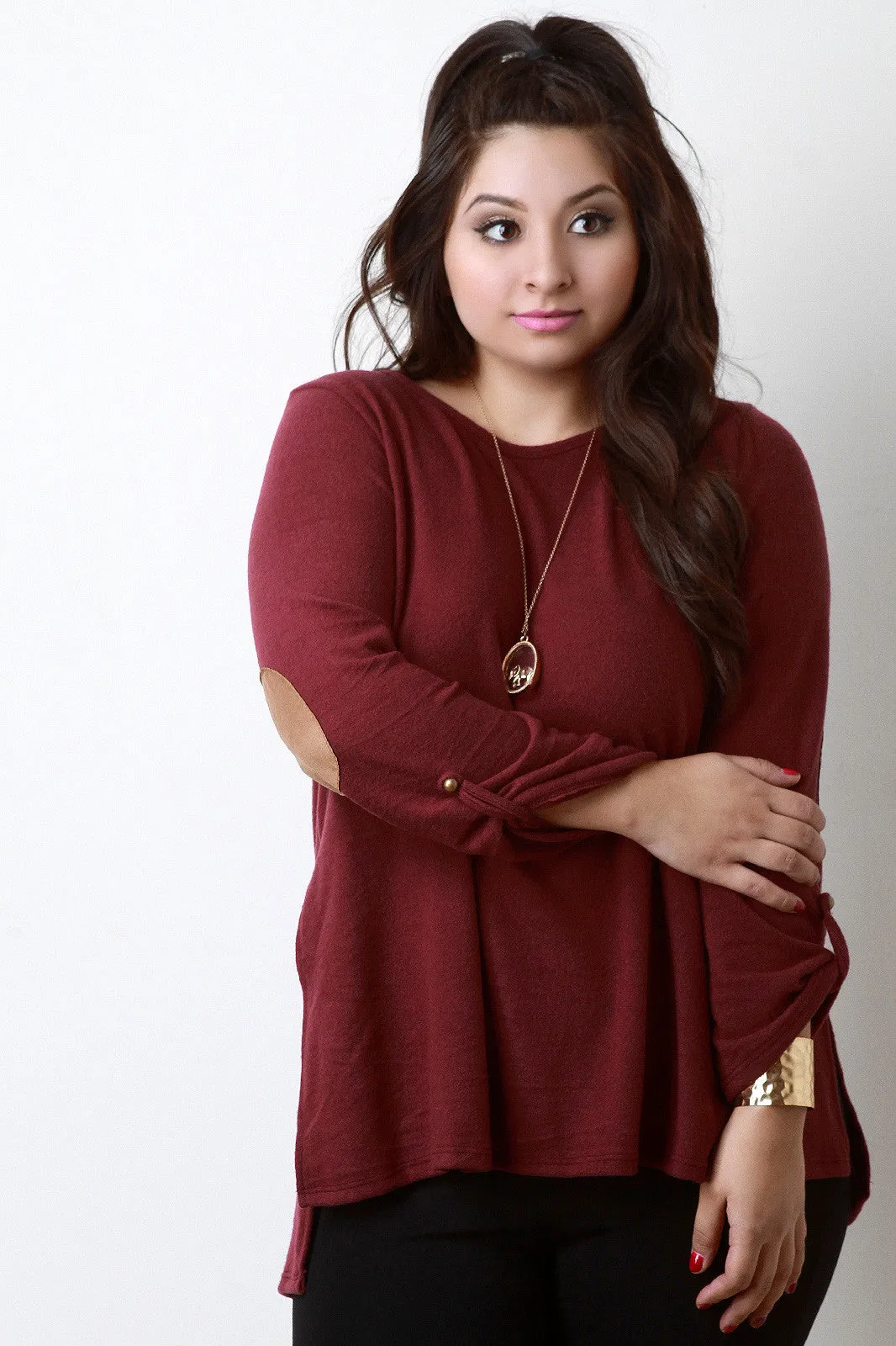 Loose Side Slit Elbow Patch Sweater