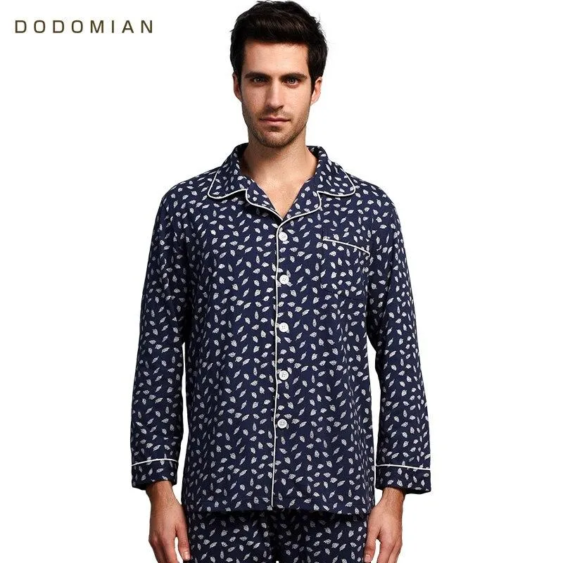 Men Pajamas Sets Cotton Leaf Print Men Sleepwear Casual Style Nightgown Soft Cotton For Sleeping Homewear 2 Pieces Long Pijamas