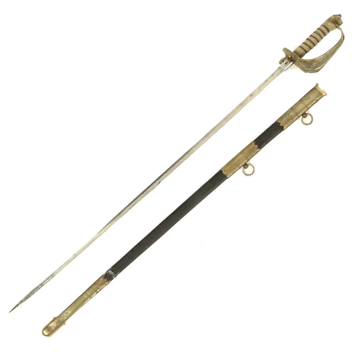 Original British WWII Royal Navy Officers Sword by Gieves Ltd. with Etched Blade & Damaged Scabbard
