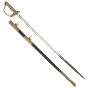 Original British WWII Royal Navy Officers Sword by Gieves Ltd. with Etched Blade & Damaged Scabbard