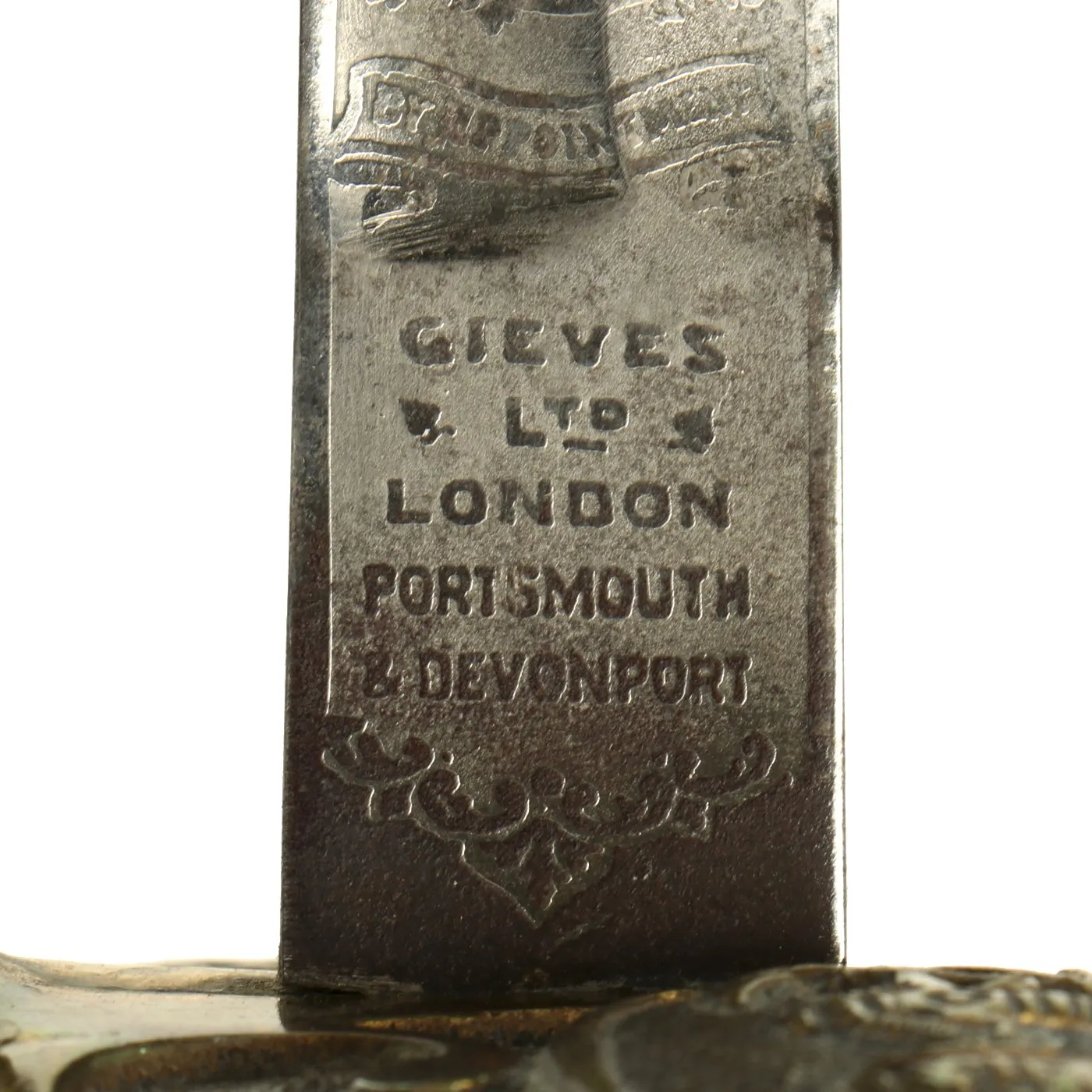 Original British WWII Royal Navy Officers Sword by Gieves Ltd. with Etched Blade & Damaged Scabbard