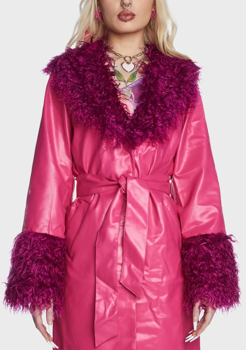 Pink Faux Leather Fur Trim Coat
