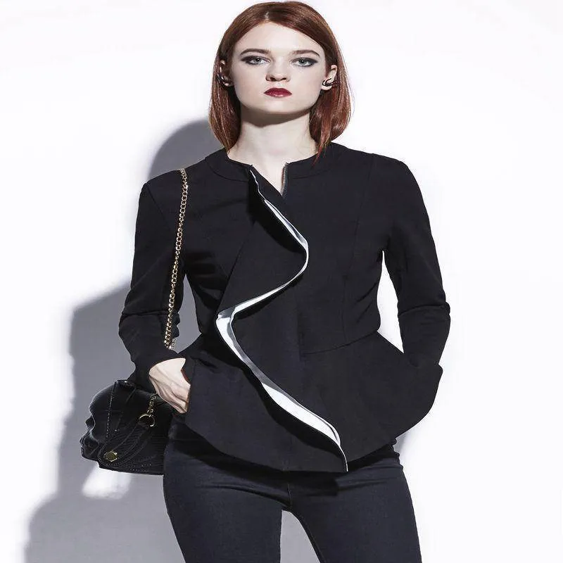 Ruffles Coat Peplum Short Slim Outerwear Gothic Black Zipper Jacket (US 4-16)