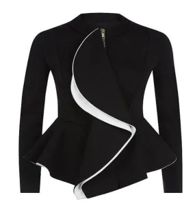 Ruffles Coat Peplum Short Slim Outerwear Gothic Black Zipper Jacket (US 4-16)