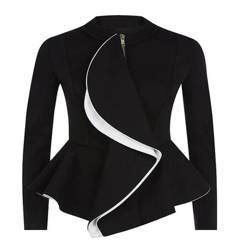 Ruffles Coat Peplum Short Slim Outerwear Gothic Black Zipper Jacket (US 4-16)