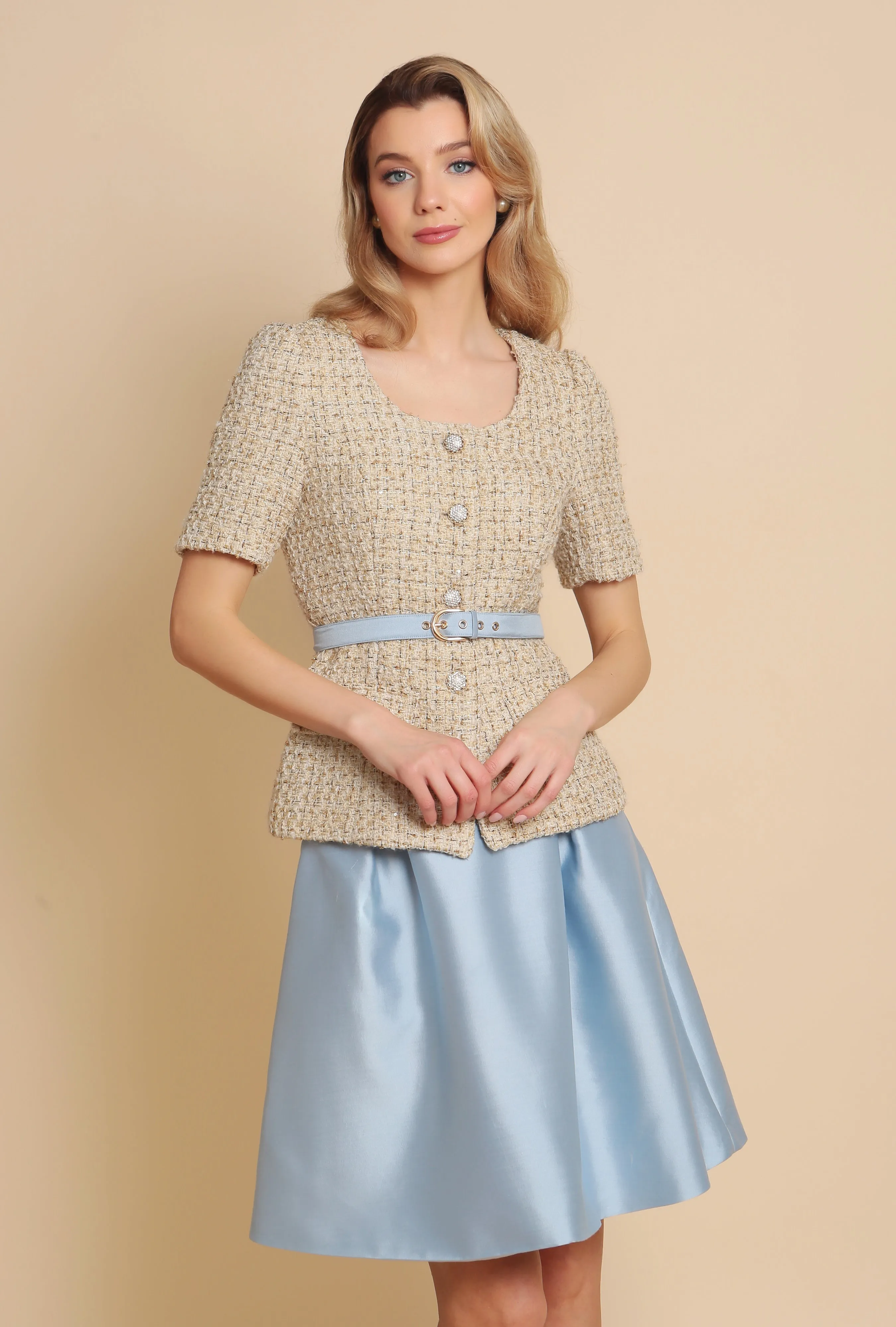 'Sophia' Silk and Wool Skirt with Bow in Blu