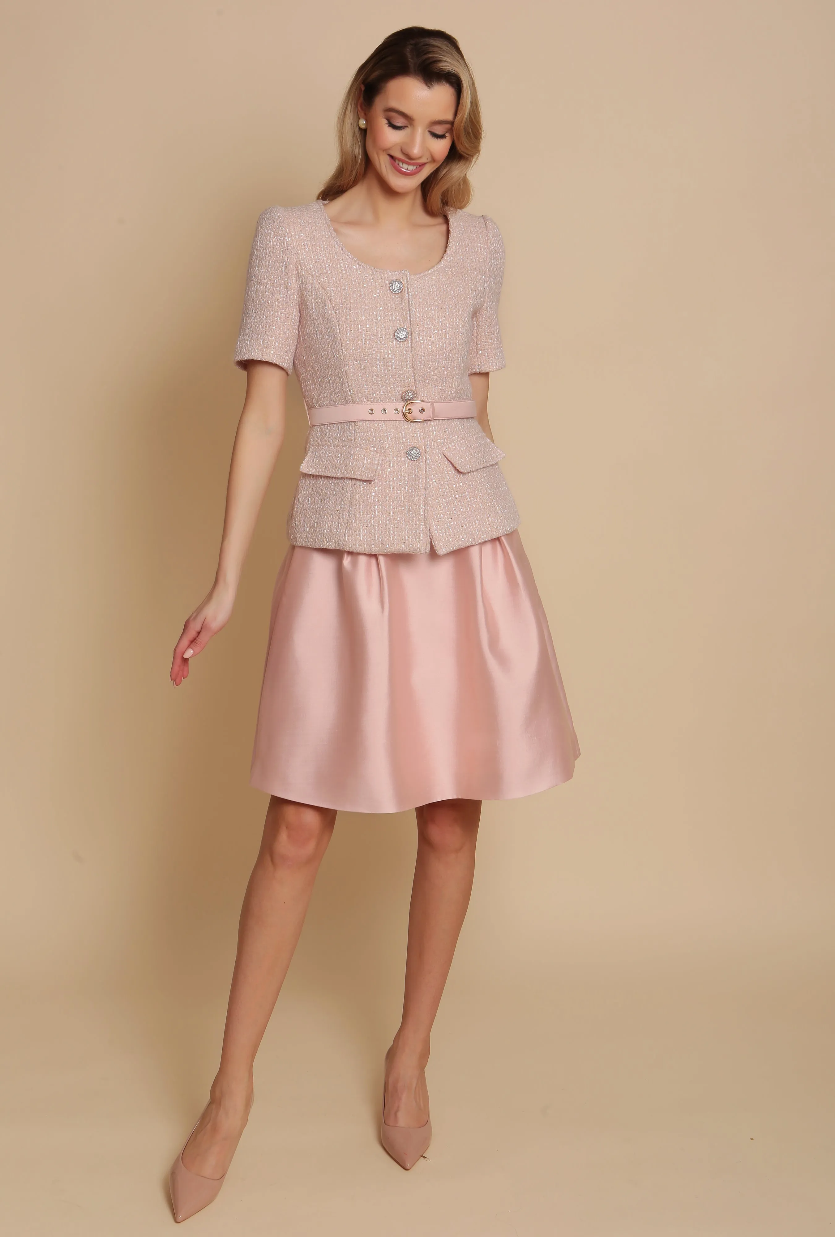 'Sophia' Silk and Wool Skirt with Bow in Rosa