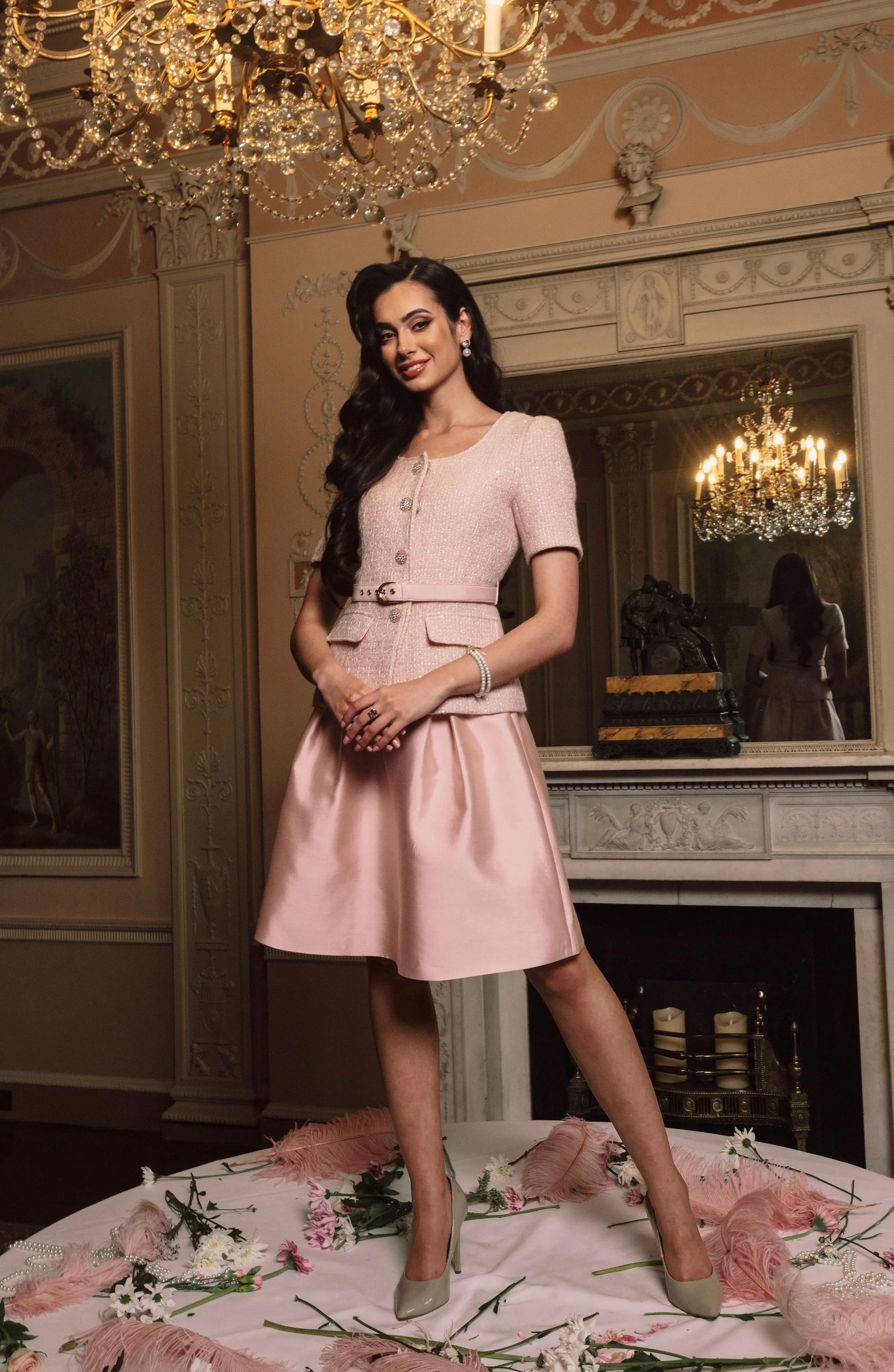 'Sophia' Silk and Wool Skirt with Bow in Rosa