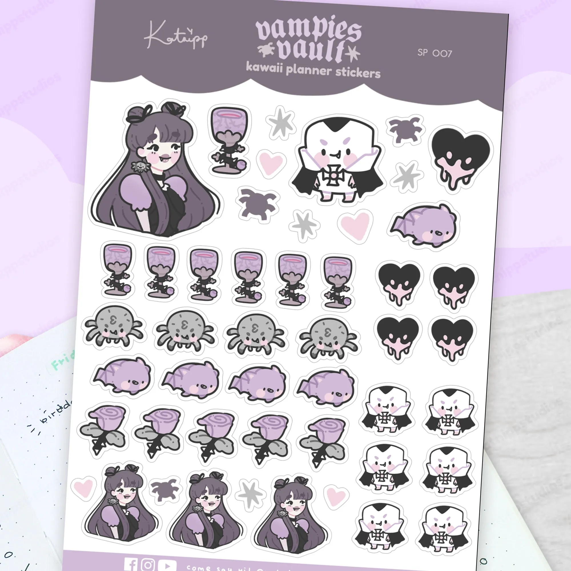 Spooky Halloween Sticker Sheet – Violet the Vampire & Kawaii Characters - Gothic Stationery Stickers - SP 007