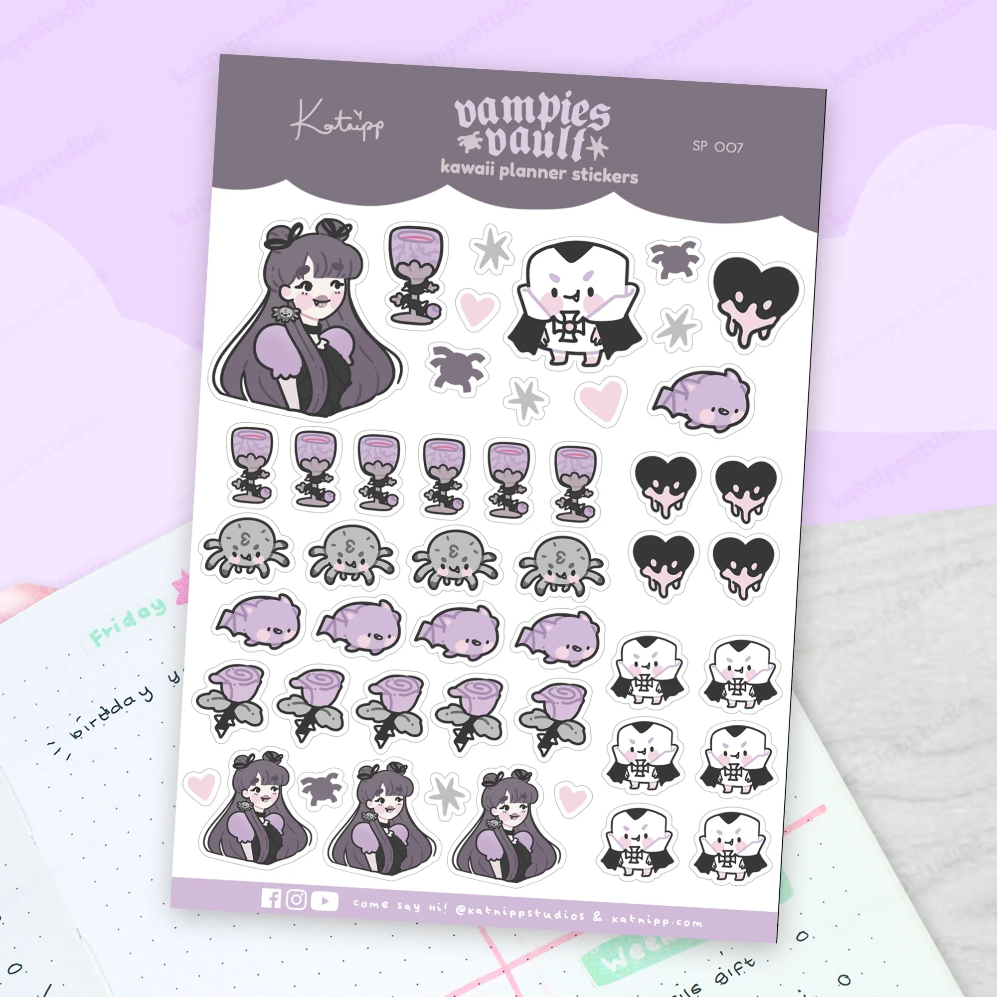 Spooky Halloween Sticker Sheet – Violet the Vampire & Kawaii Characters - Gothic Stationery Stickers - SP 007