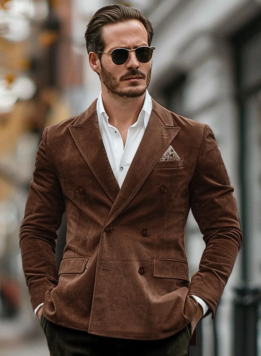 Tan Brown Suede Double Breasted Leather Blazer