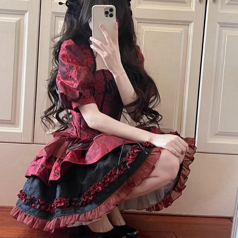 TAVIMART  -  Victorian Gothic Lolita Dress Women Harajuku Y2k Lace Bow Evening Party Dresses Japanese Punk Style Slim Bandage Princess Dress