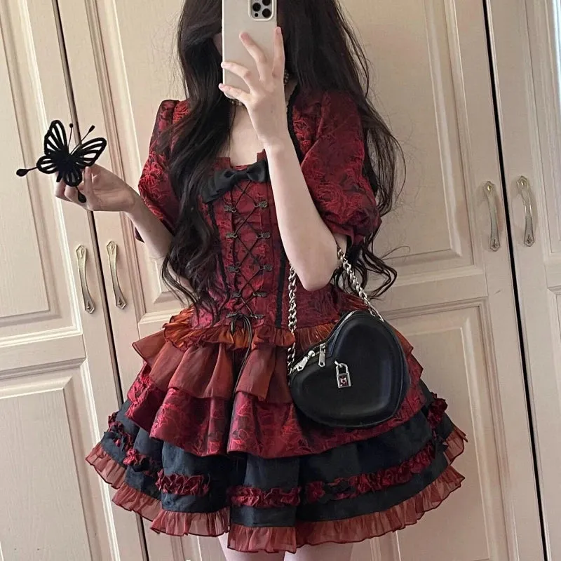 TAVIMART  -  Victorian Gothic Lolita Dress Women Harajuku Y2k Lace Bow Evening Party Dresses Japanese Punk Style Slim Bandage Princess Dress
