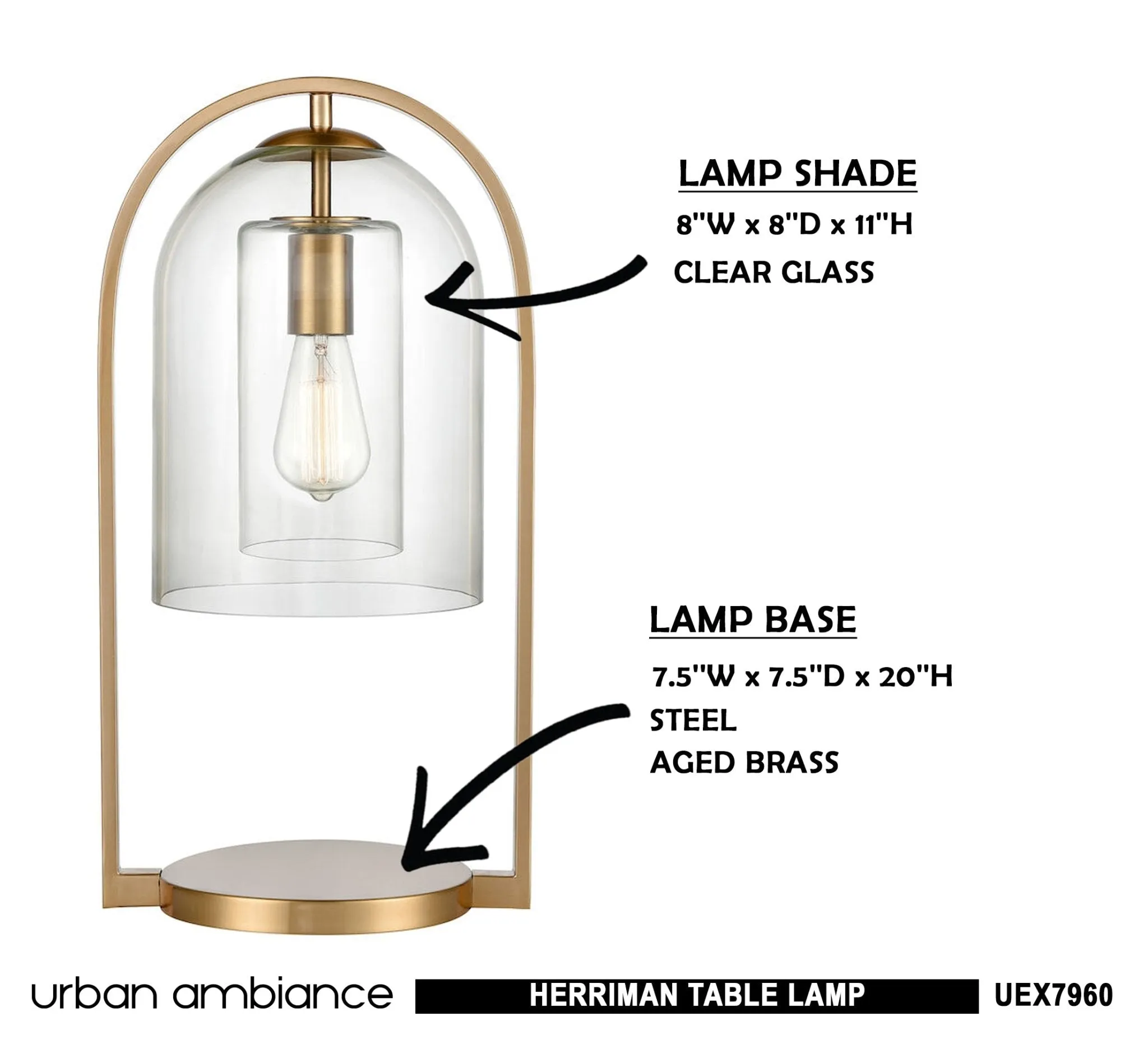 UEX7960 Mid-Century Modern Table Lamp 10''W x 8''D x 20''H, Aged Brass Finish, Herriman Collection